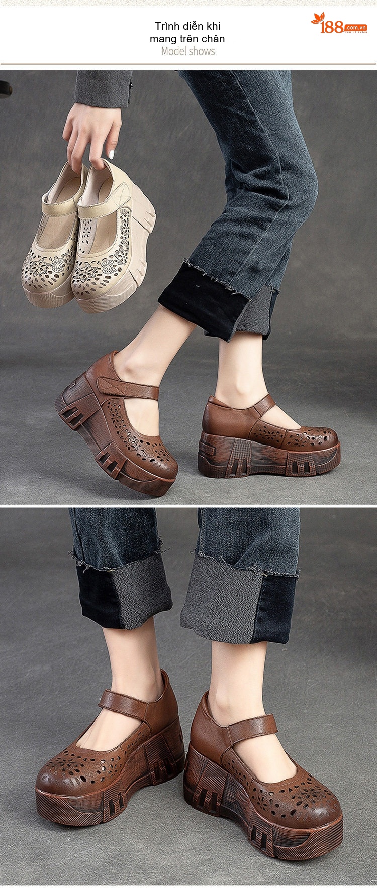 Dép Sandal Nữ Quai Dán Đế Bệt Phong Cách Retro Thoáng Khí Đế Cao 5cm - 6cm Màu Nâu, Kem chi tiết 8