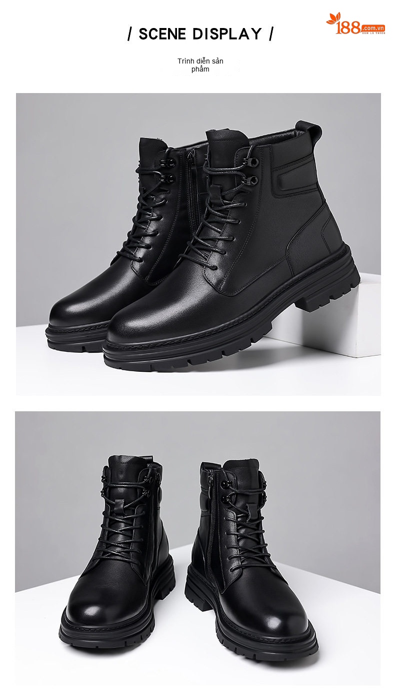 Boot Martin Nam Da Bò dáng chữ Anh Quốc Đế Dày Chiều Cao Đế Khoảng 5cm Màu Đen chi tiết 6