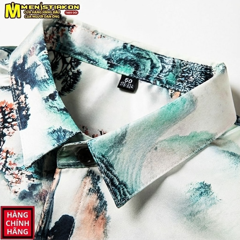Áo Sơ Mi Nam Tay Ngắn In Hoa Phong Cách Trung Quốc Chất Liệu Lụa Băng Màu Trắng, Xanh