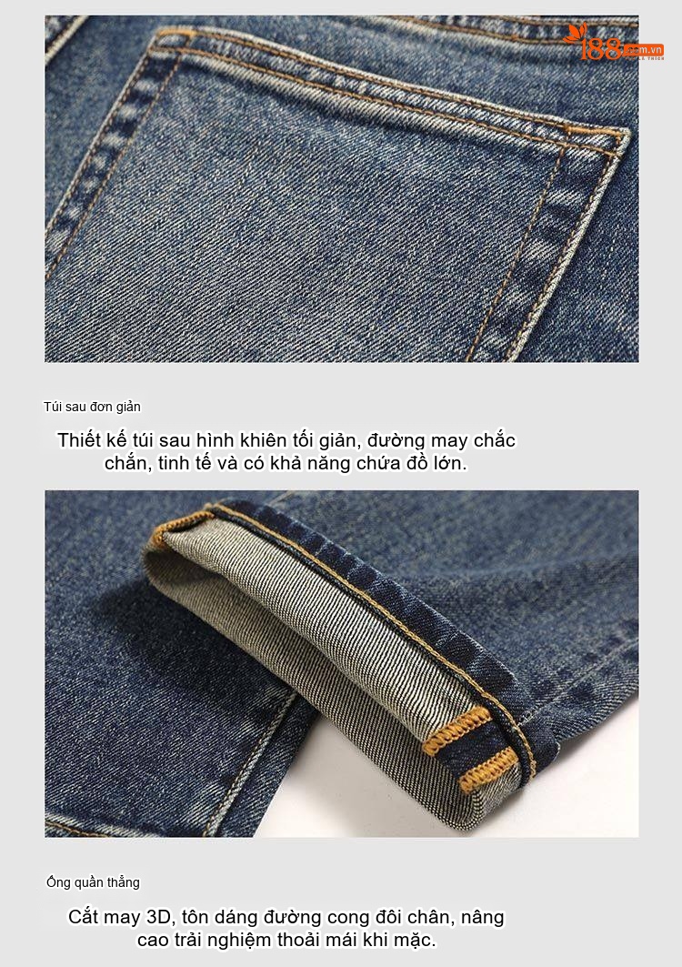 Quần Jean Nam Ống Đứng Co Giãn Vừa Vặn Phong Cách Retro Màu Xanh Denim chi tiết 19