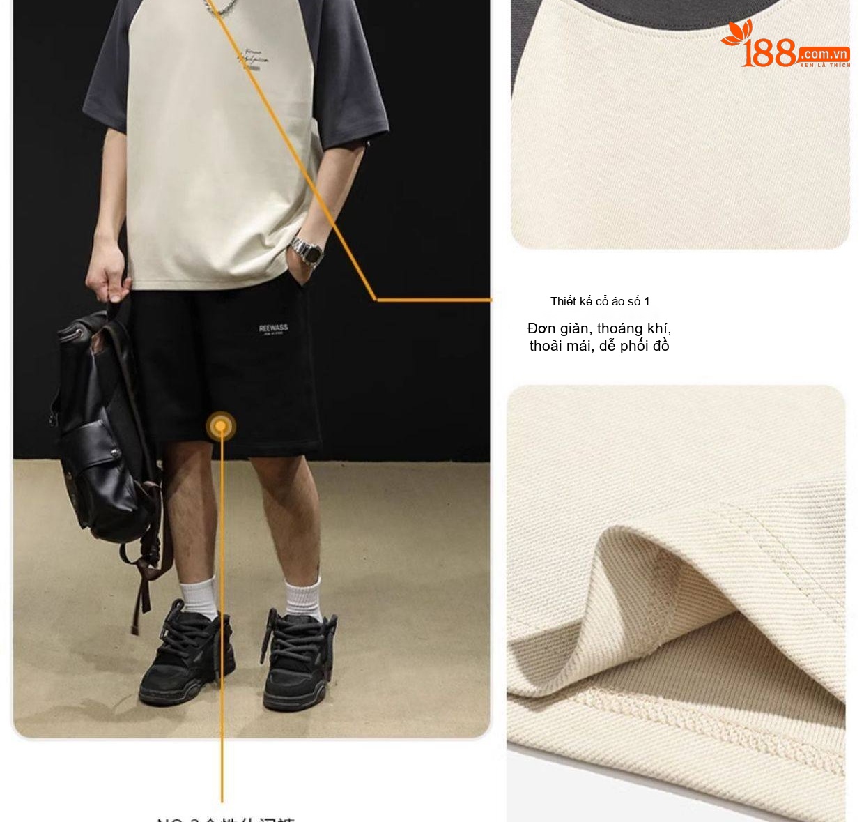 Áo Thun Tay Raglan Nam Cotton Form Rộng Màu Xám, Kem chi tiết 4