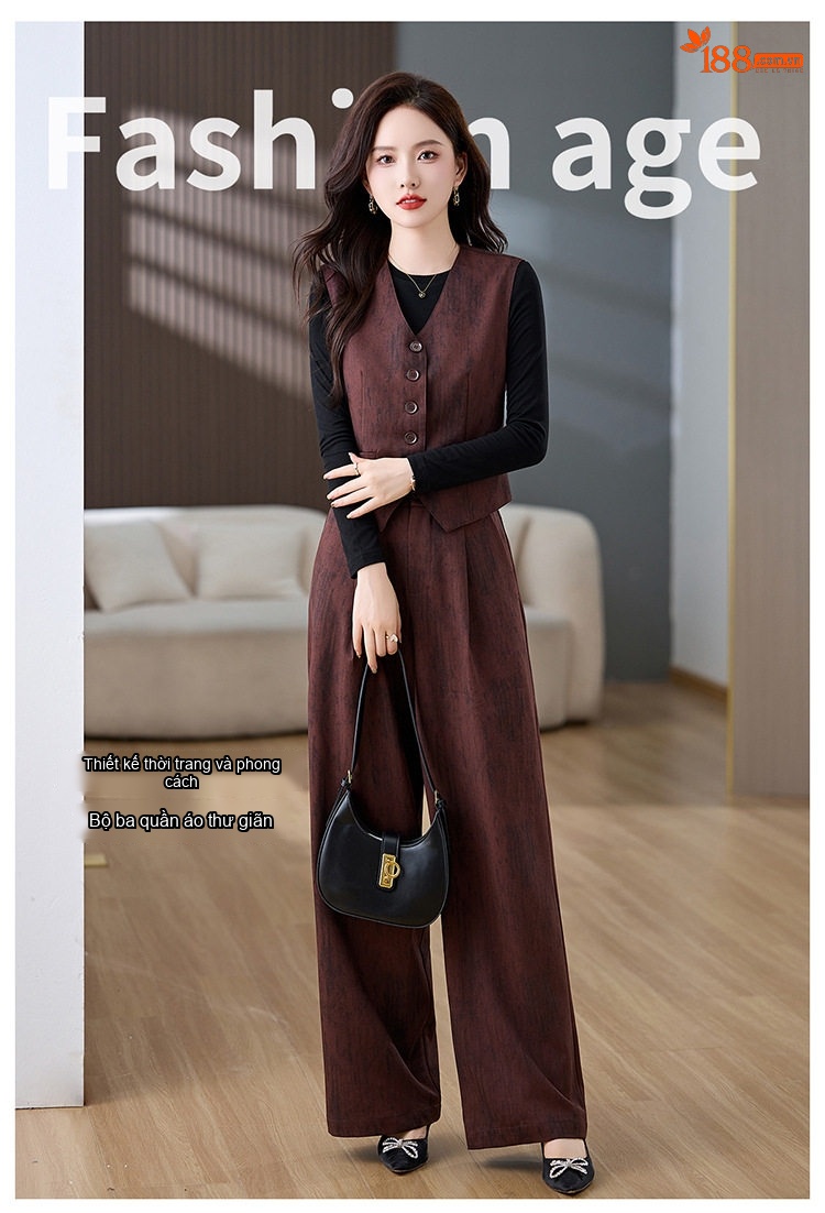 Set Bộ Vest Nữ Áo Gile Quần Ống Rộng Phong Cách Thời Trang Màu Nâu Đỏ chi tiết 1