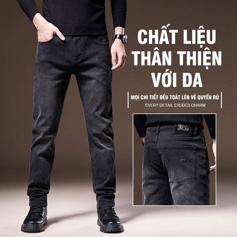 Quần Jean Nam Ống Đứng Co Giãn Nhẹ Kiểu Dáng Ôm Vừa Vặn Màu Đen, Xanh Đen