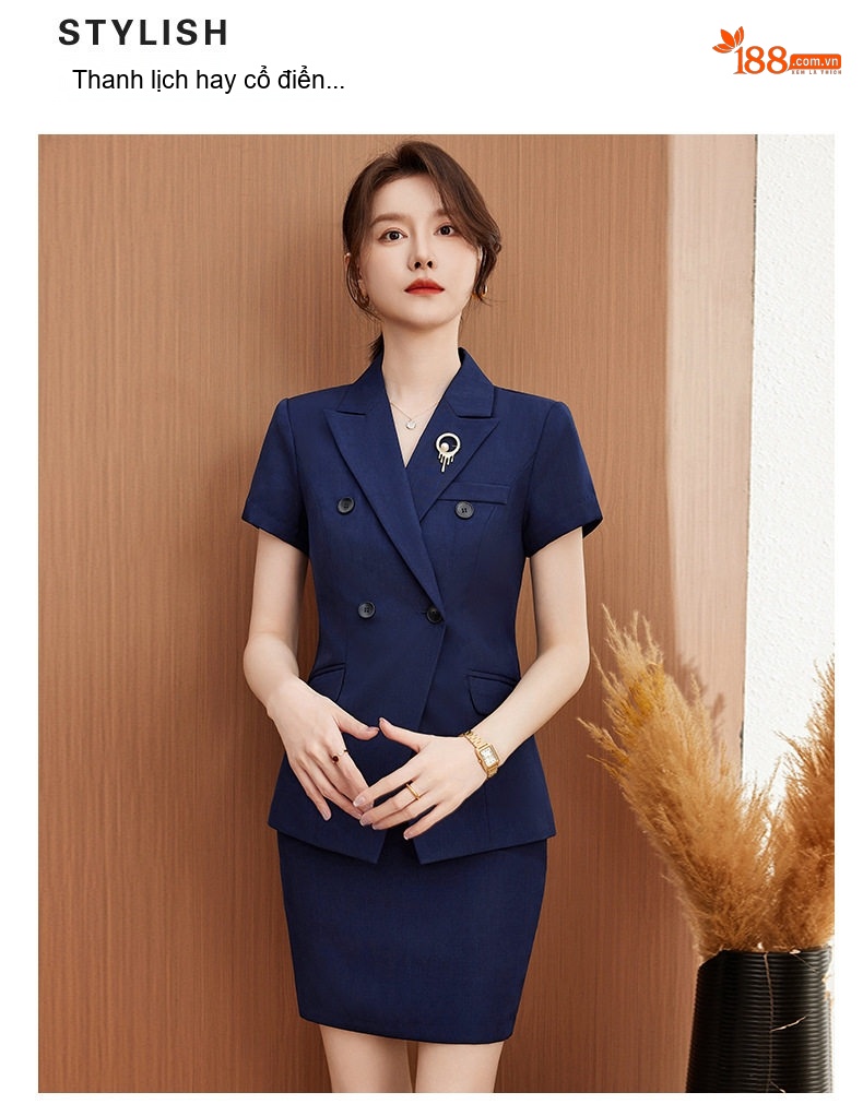 Bộ Vest Công Sở Nữ Tay Ngắn Màu Đen, Hồng, Xanh Navy chi tiết 5