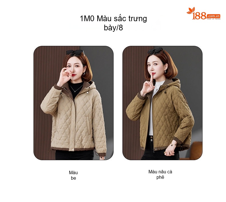 Áo Khoác Phao Nữ Trám Ô Nhỏ Dáng Ngắn Có Mũ Trùm Cotton Màu Be chi tiết 2