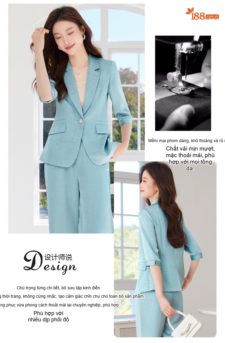 Bộ Vest Nữ Áo Blazer Tay Lỡ Quần Ống Rộng Chất Acetate Satin Phong Cách Công Sở Màu Đen, Trắng Kem, Xanh... chi tiết 3