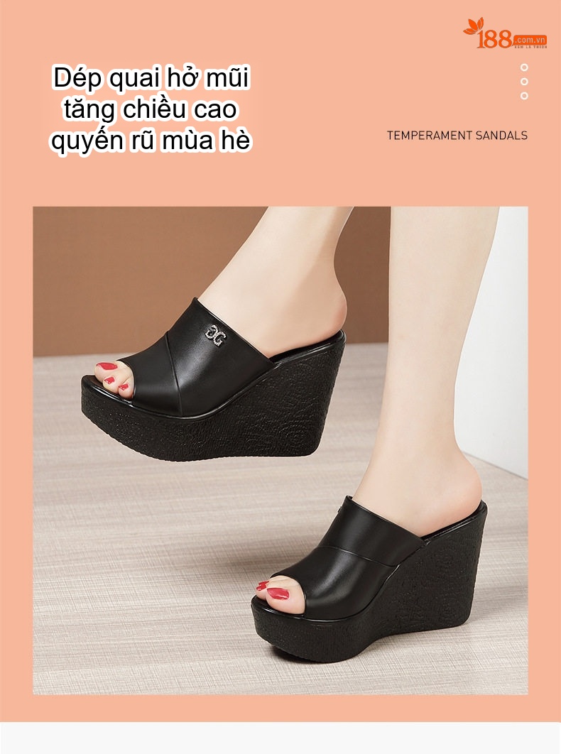 Dép Xuồng Nữ Hở Mũi Da Bóng Chiều Cao Đế 11cm Màu Đen, Đỏ, Trắng, Vàng... chi tiết 3