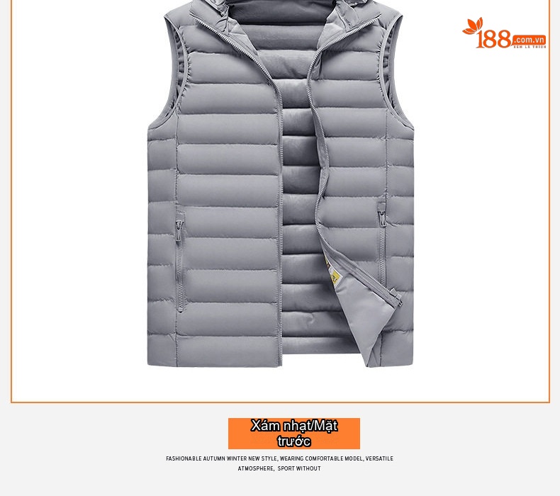 Áo Gile Bông Nam Có Mũ Trùm Đầu Tháo Rời 100% Polyester Màu Đen, Xám, Xanh Lam, Xanh Đậm... chi tiết 16