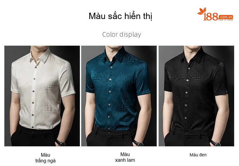 Áo Sơ Mi Nam Tay Ngắn Tơ Tằm Họa Tiết Jacquard Cao Cấp Màu Trắng, Đen, Xanh Ngọc chi tiết 8
