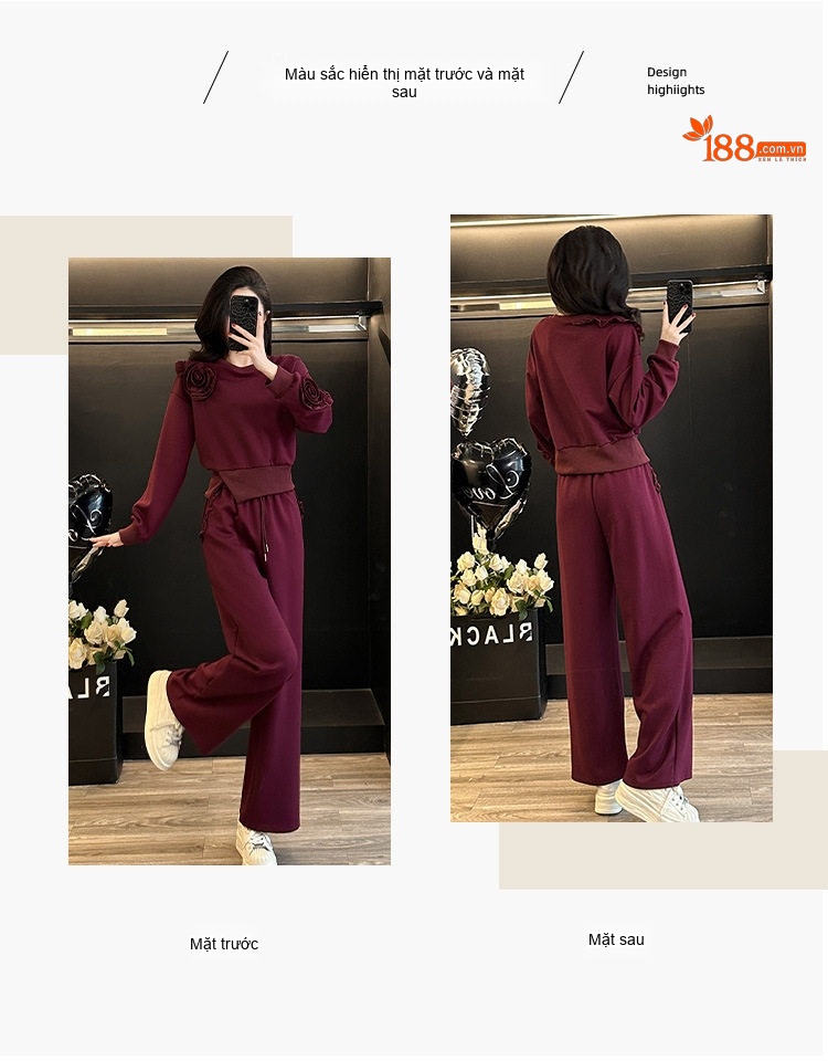 Set bộ quần áo thể thao nữ tay dài dáng rộng thiết kế hoa hồng chi tiết 3