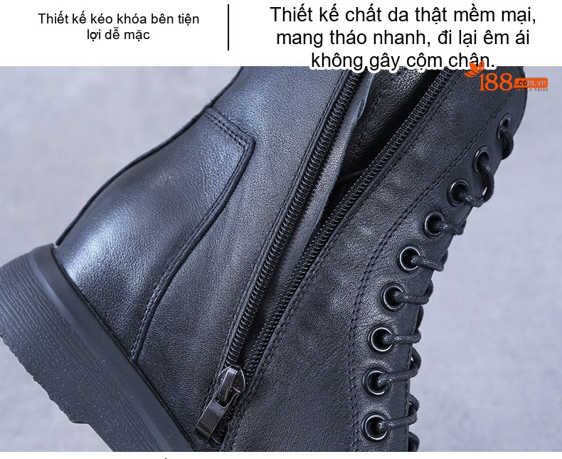 Giày Boot Martin Nữ Da Bò Lót Lông Chiều Cao Đế Khoảng 4cm Phong Cách Anh Quốc Màu Đen chi tiết 8