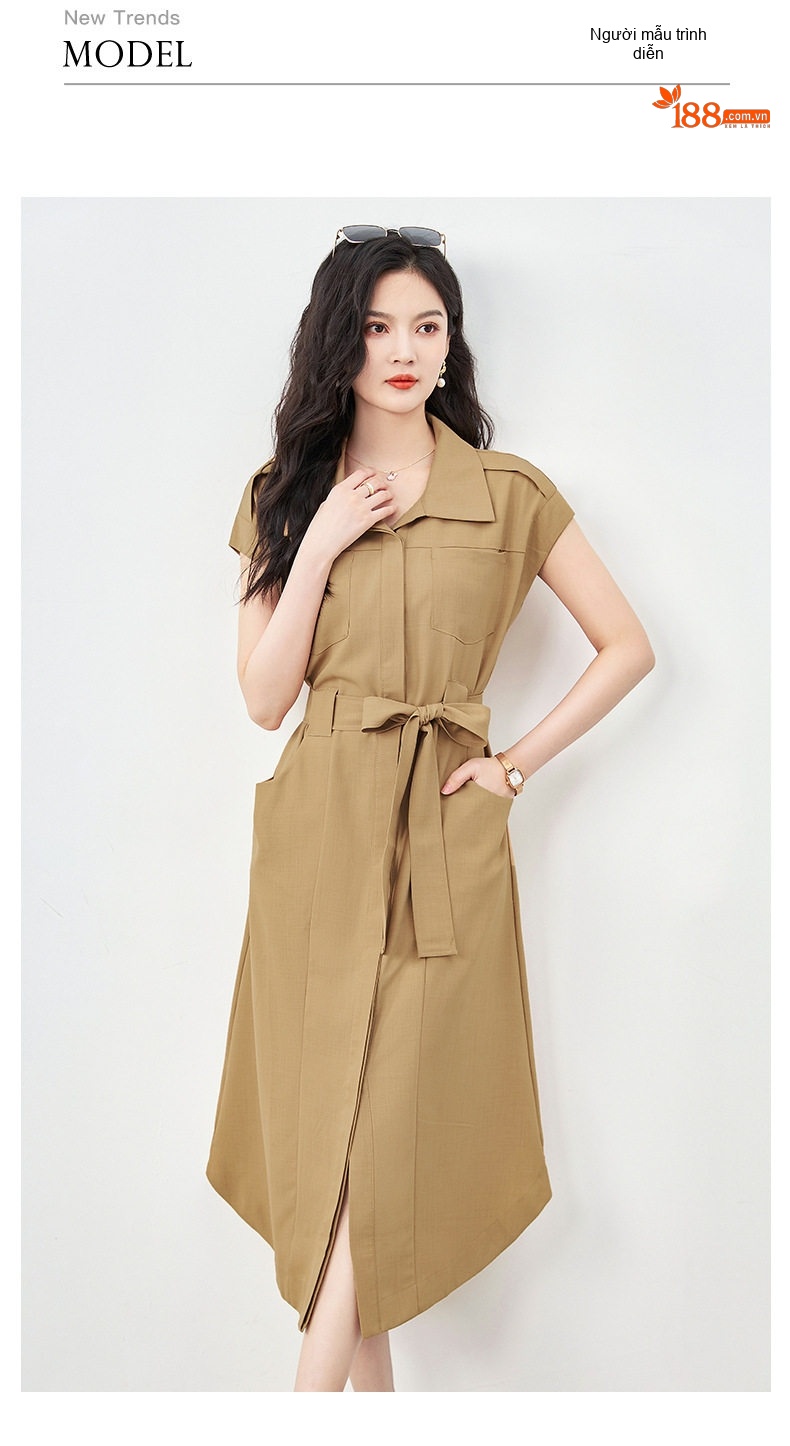 Váy Suông Nữ Công Sở Cổ Bẻ Tay Cộc dáng chữ A Chiết Eo Màu Nâu, Đen chi tiết 5