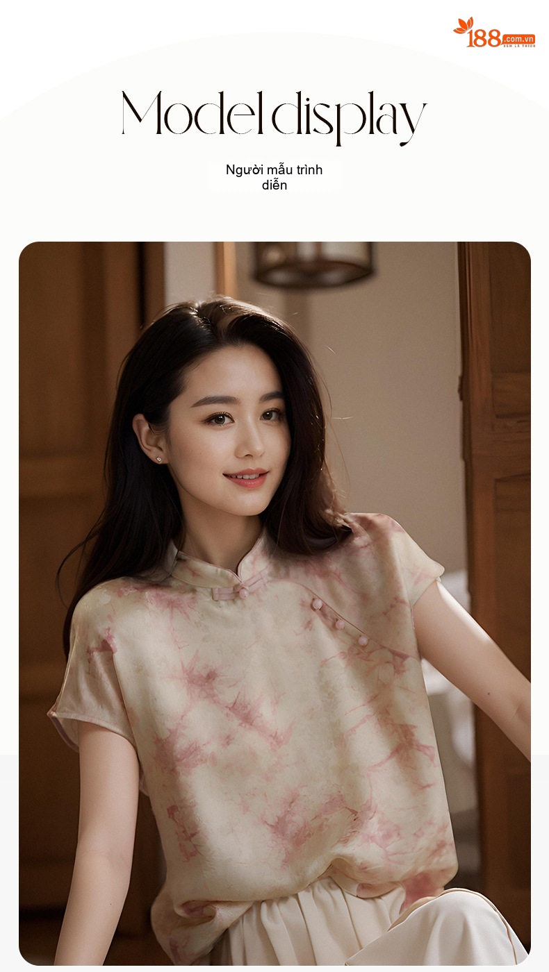 Áo Sơ Mi Nữ Tay Ngắn Cổ Tàu Họa Tiết Thắt Nút Màu Hồng chi tiết 7