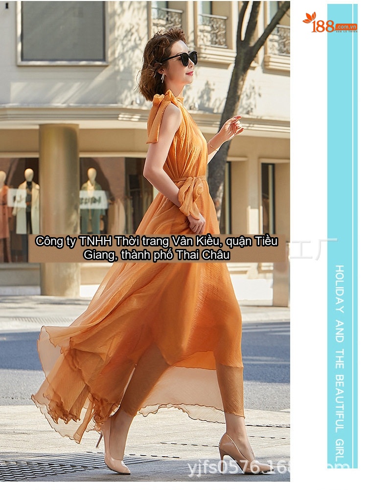 Váy Dài Nữ Dáng Xòe Thắt Eo Cổ Yếm Đính Nơ Chất Liệu Gấm Voan Màu Đỏ, Đỏ Rượu, Xanh Dương, Cam... chi tiết 5
