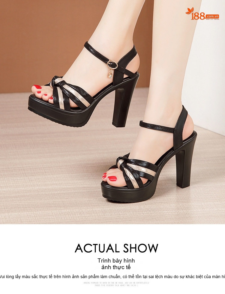 Giày Sandal Cao Gót Nữ Quai Ngang Hở Ngón Gót Cao 10cm Màu Vàng, Đen, Đỏ chi tiết 14