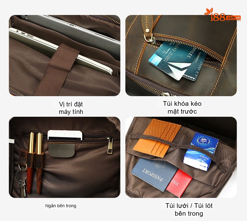 Balo Da Bò Dáng Đôi Ngoài Trời Phong Cách Âu Mỹ Đựng Laptop Đa Năng Màu Nâu chi tiết 11