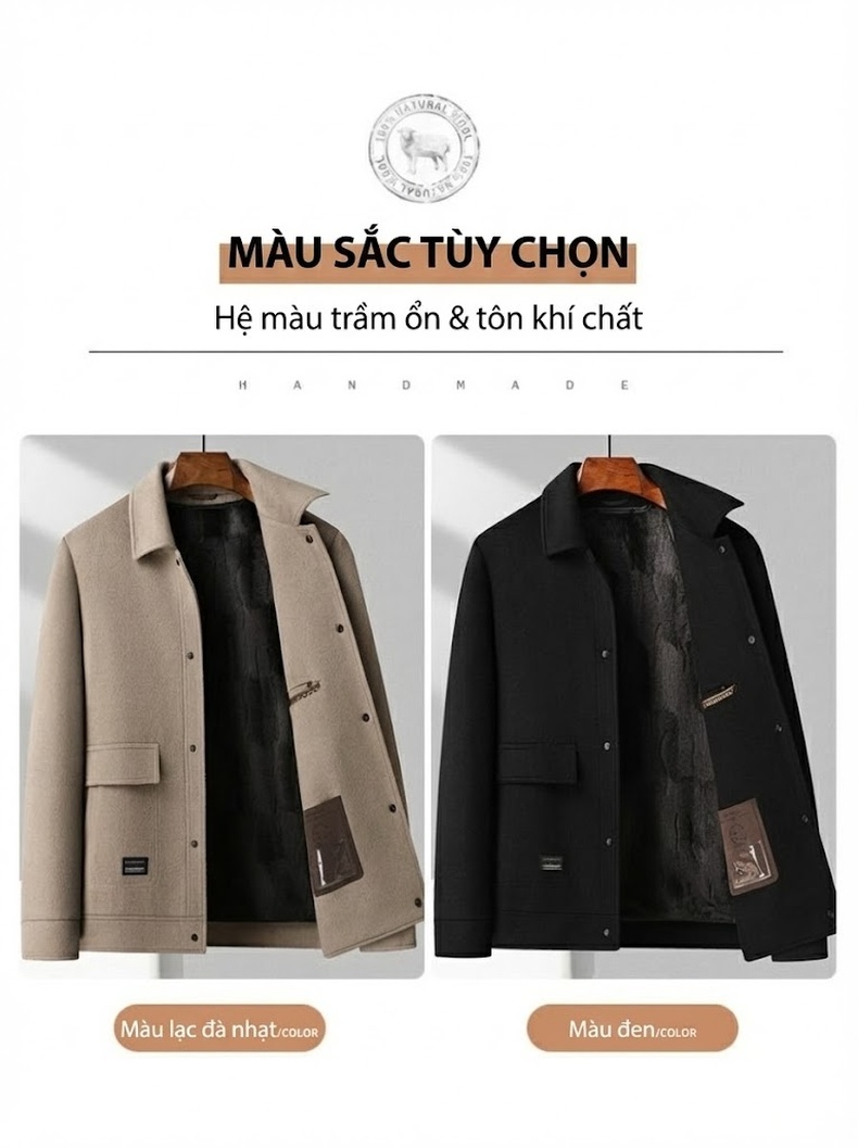 Áo Khoác Dạ Nam 100% Lông Cừu Hai Mặt Lót Nhung Vàng Kim Màu Be, Đen chi tiết 17