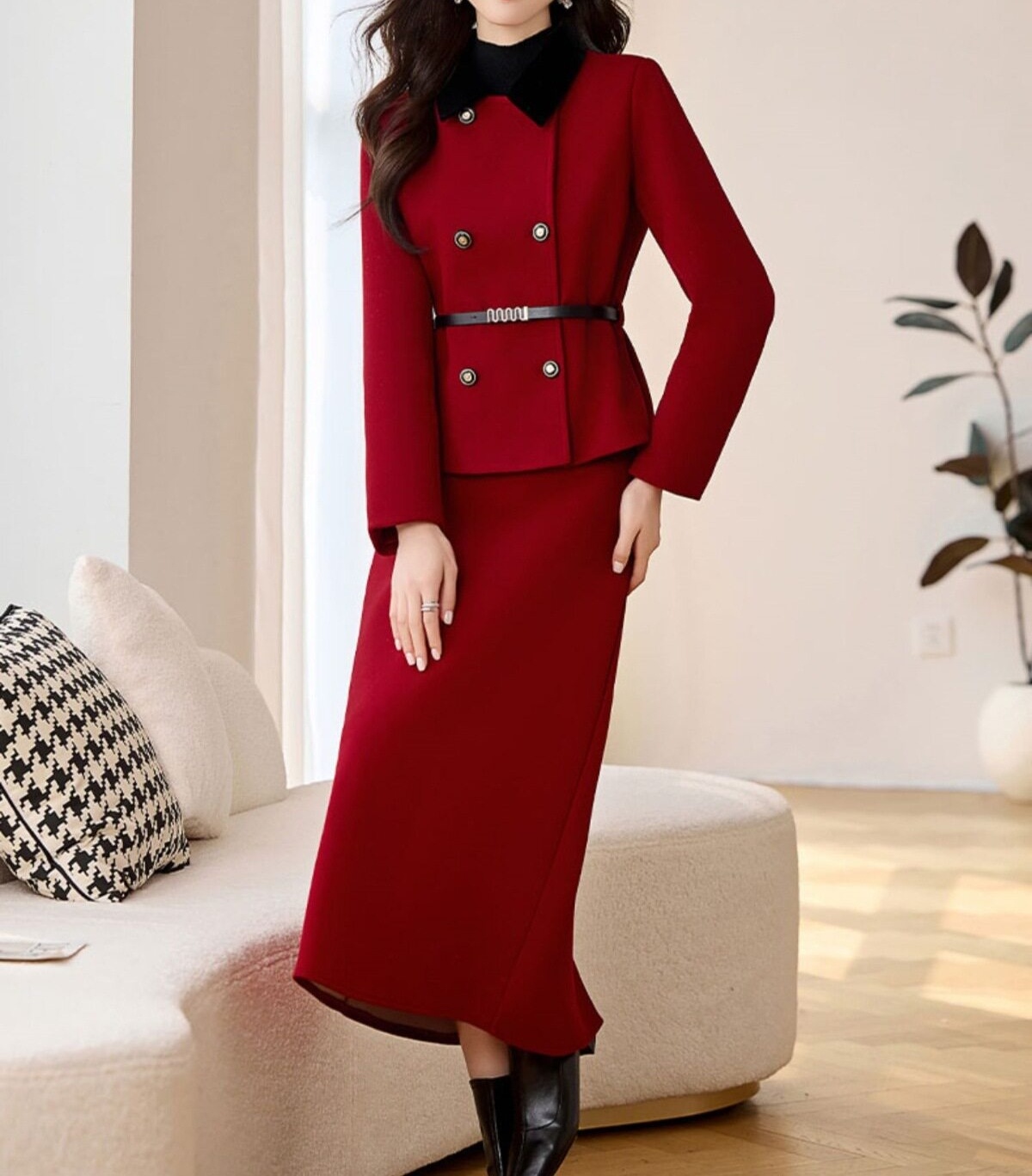 Set Áo Khoác Lông Nỉ Quần Chân Váy Chữ A Dáng Dài Cao Cấp Màu Đỏ chi tiết 18