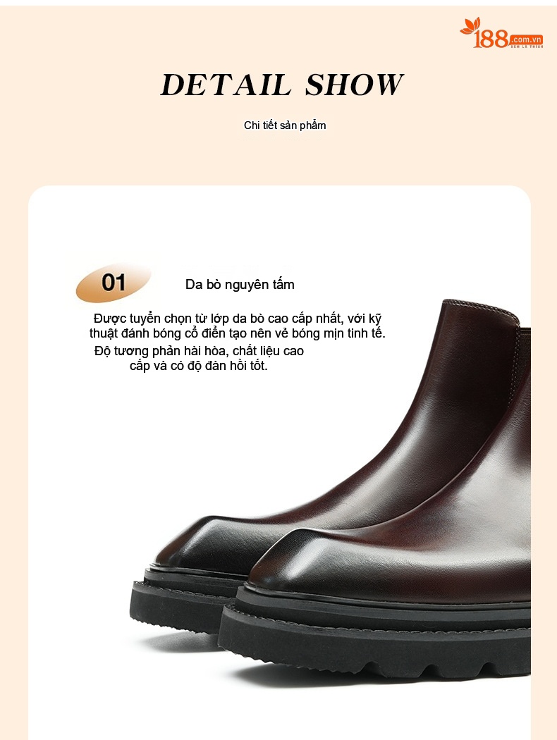 Boot Chelsea Nam Da Bóng Cao Cổ Đế Dày Chiều Cao Đế Khoảng 4cm Màu Đen, Nâu chi tiết 9