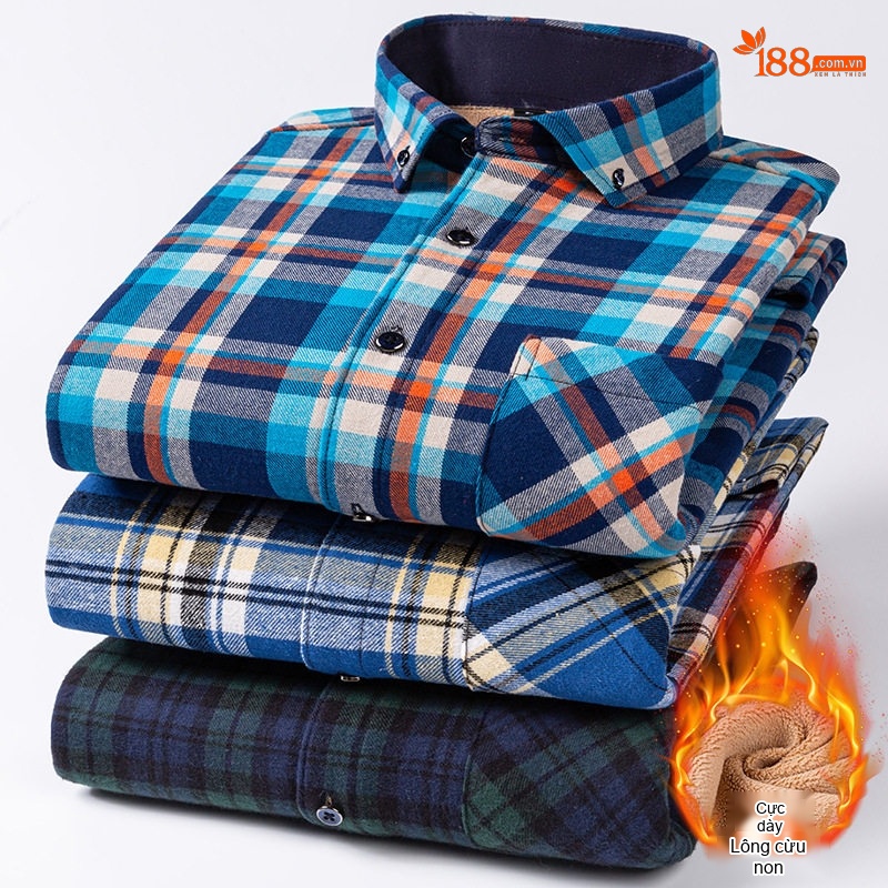 Áo Sơ Mi Nam Ca Rô Lông Cừu Non Cotton Dày Dặn Giữ Ấm Màu Đen, Đỏ, Xanh Dương, Xanh Lá...