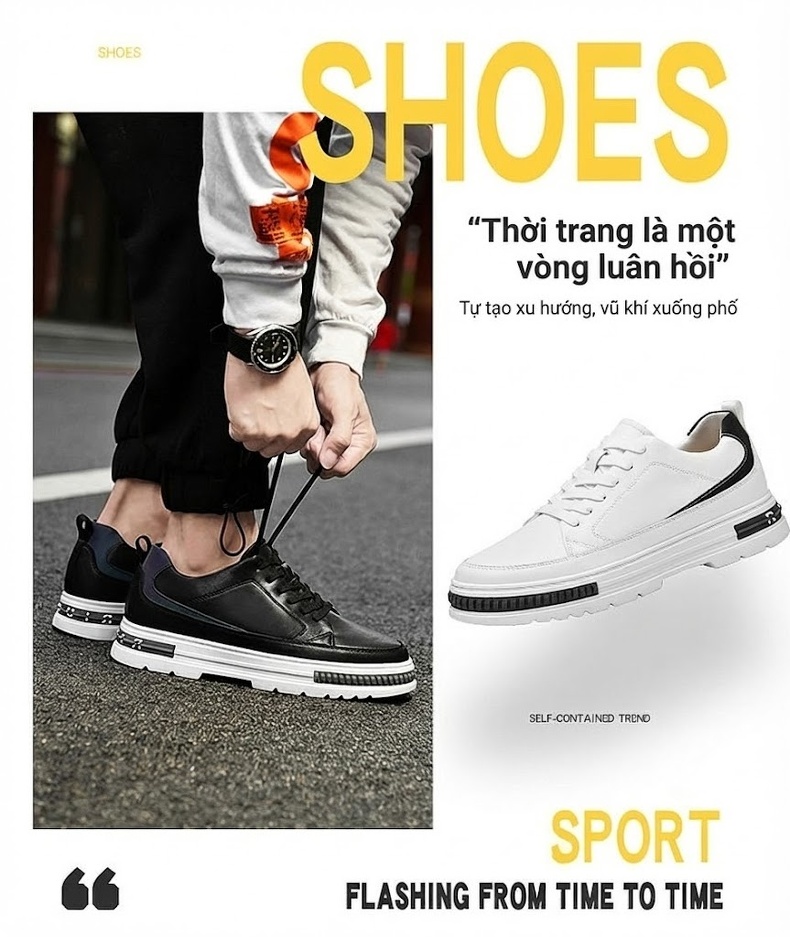Giày Thể Thao Nam Đế Cao 6cm Phong Cách Casual Màu Đen, Trắng chi tiết 2