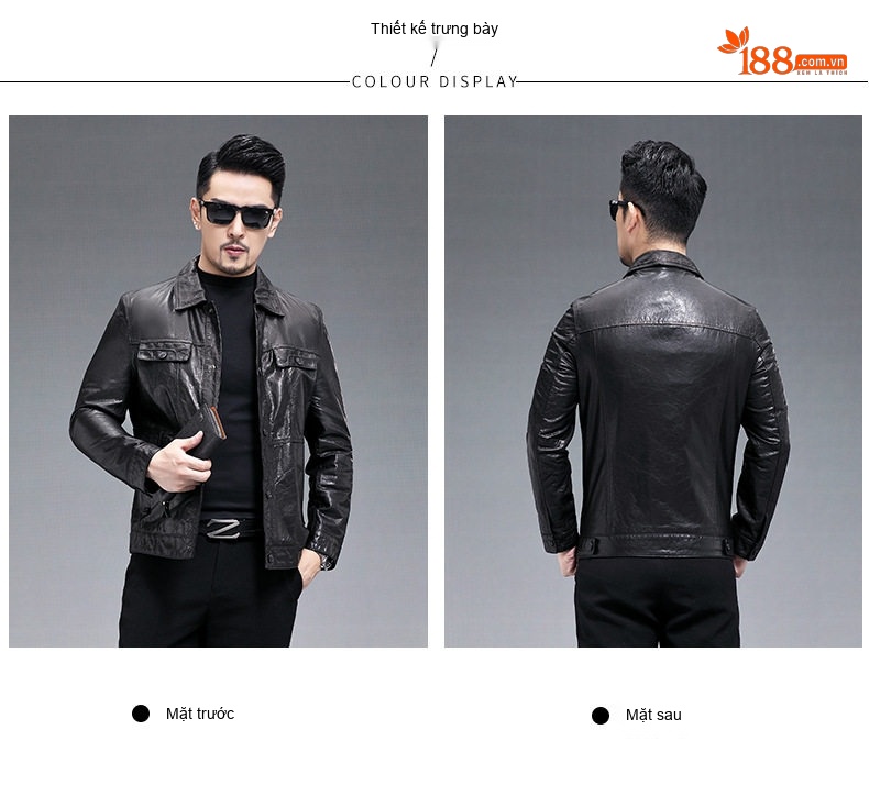 Áo Khoác Da Thật Nam Kiểu Ngắn Cổ Bẻ Da Bò Sáp Dầu Phong Cách Biker Màu Đen chi tiết 2