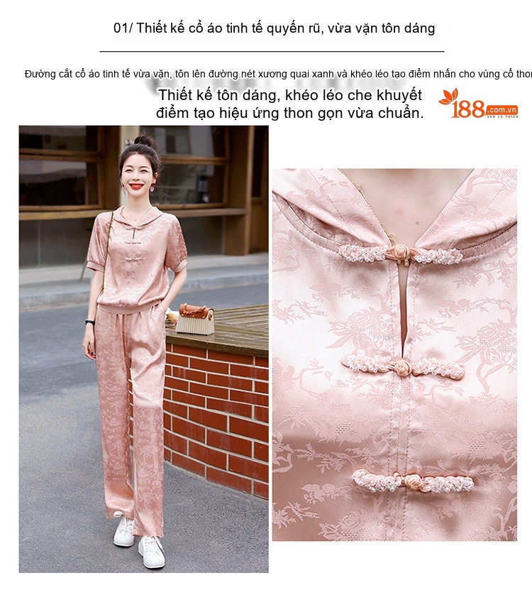 Bộ Quần Áo Nữ Họa Tiết Thêu, Cổ Tàu, Tay Ngắn Phong Cách Retro Màu Vàng, Hồng chi tiết 8