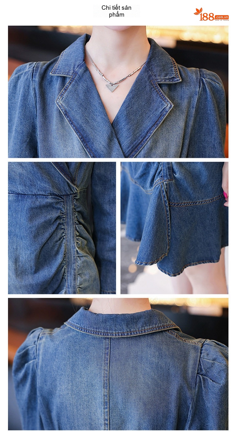 Váy Jean Dài Tay Nữ Dáng Ôm Eo Thiết Kế Xếp Ly Hàn Quốc Màu Xanh Jean chi tiết 20
