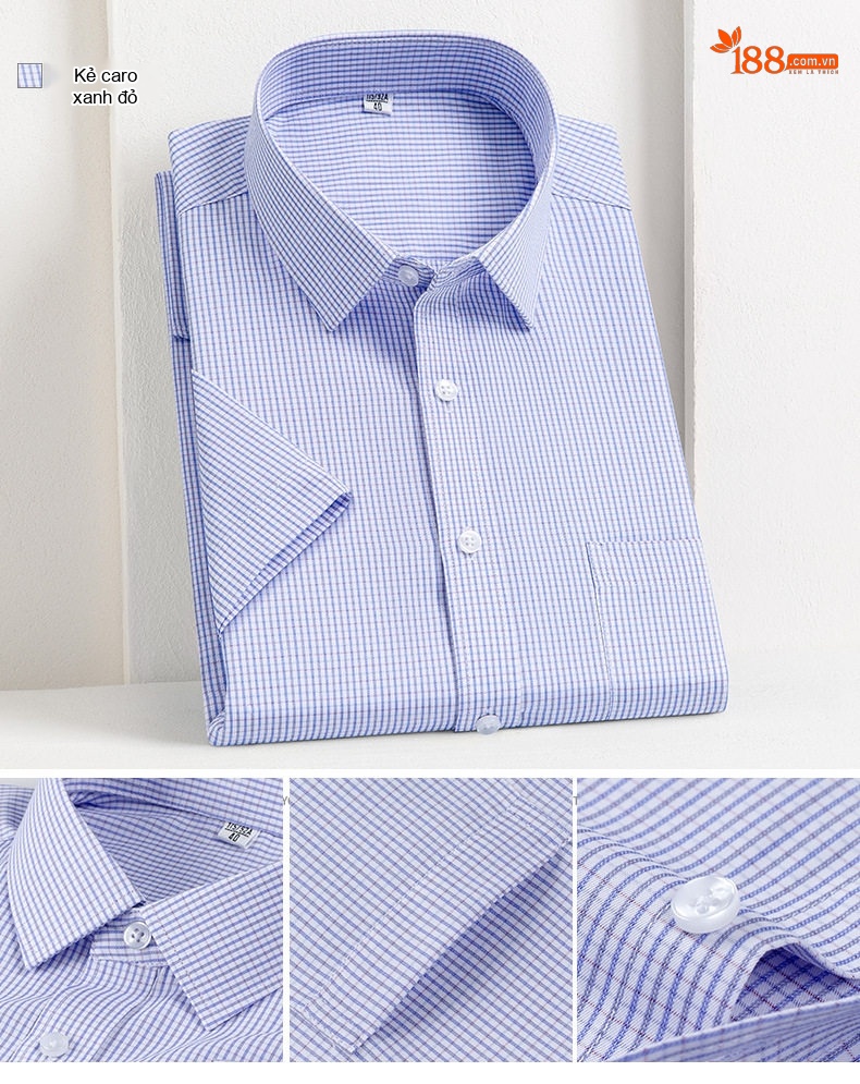 Áo Sơ Mi Nam Cotton Ngắn Tay Dáng Ôm Chống Nhăn Màu Trắng, Xanh Dương, Tím, Xám... chi tiết 14