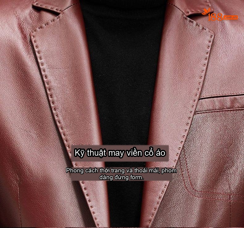 Áo Khoác Blazer Da Bò Nam Dáng Ôm Phong Cách Doanh Nhân Màu Đỏ Rượu Vang, Đen chi tiết 5