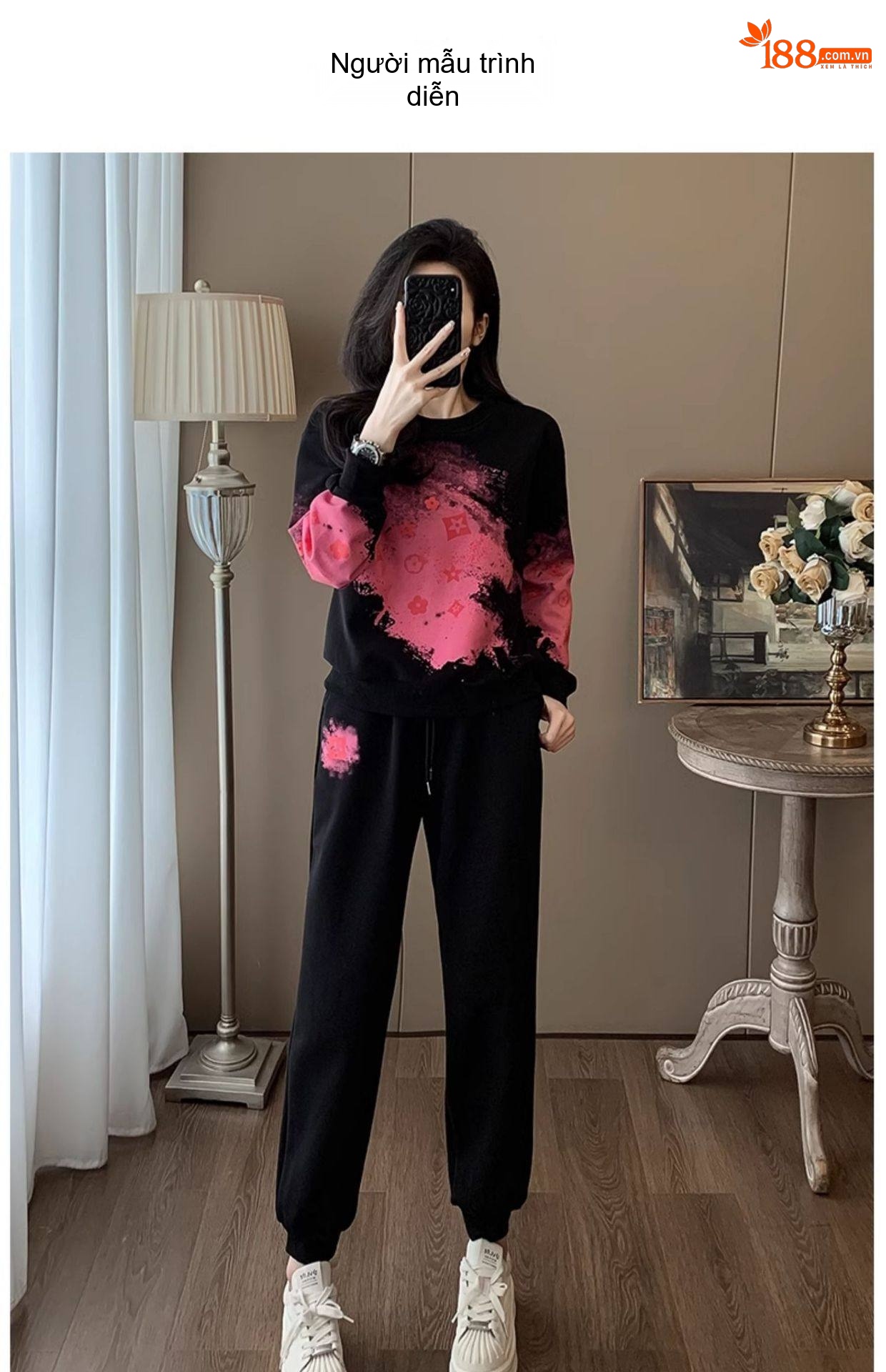 Set Bộ Nỉ Thu Đông Nữ Áo Tay Dài Quần Dài Thể Thao Phong Cách Thời Trang Màu Đen, Hồng chi tiết 9