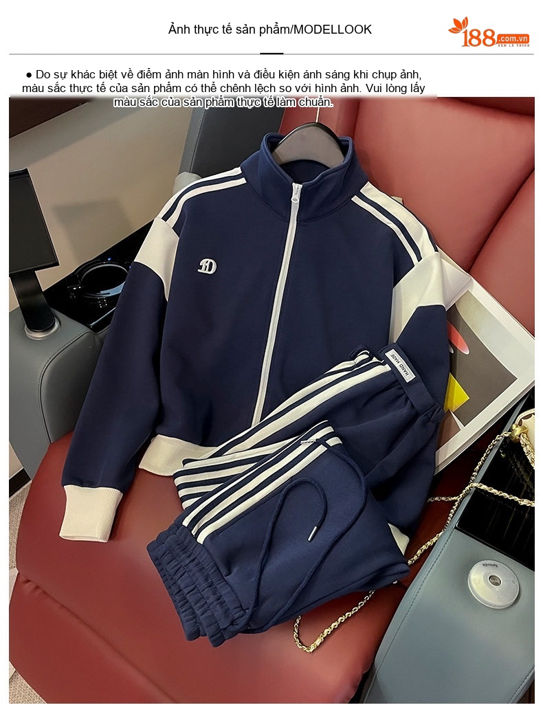 Bộ quần áo thể thao nữ dáng ngắn phối màu xanh navy trắng chi tiết 1