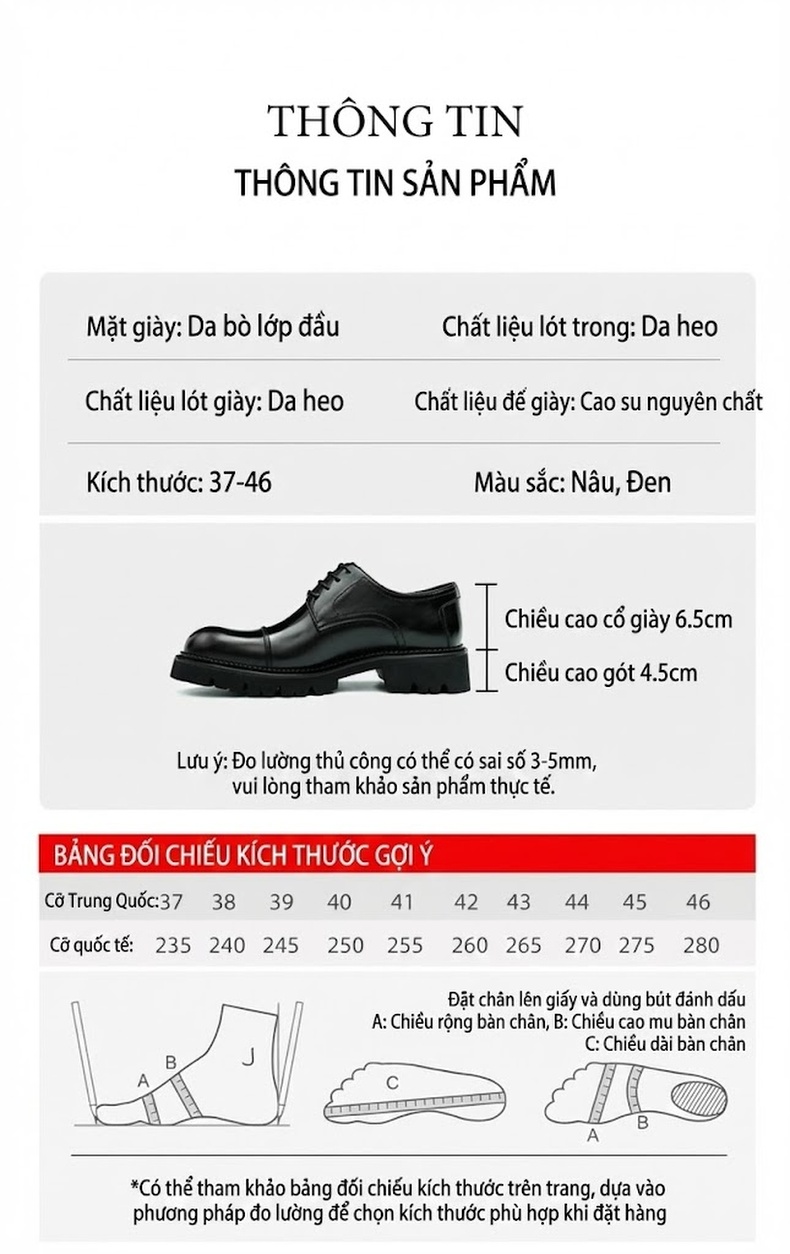 Giày Tây Buộc Dây Nam Da Thật Đế Dày Chiều Cao Đế Khoảng 4cm Màu Đen, Nâu chi tiết 3