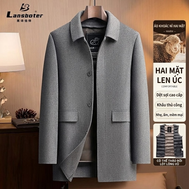 Áo Khoác Dạ Nam Lông Vũ Lót Trong Tháo Rời Phong Cách Business Casual Màu Xám