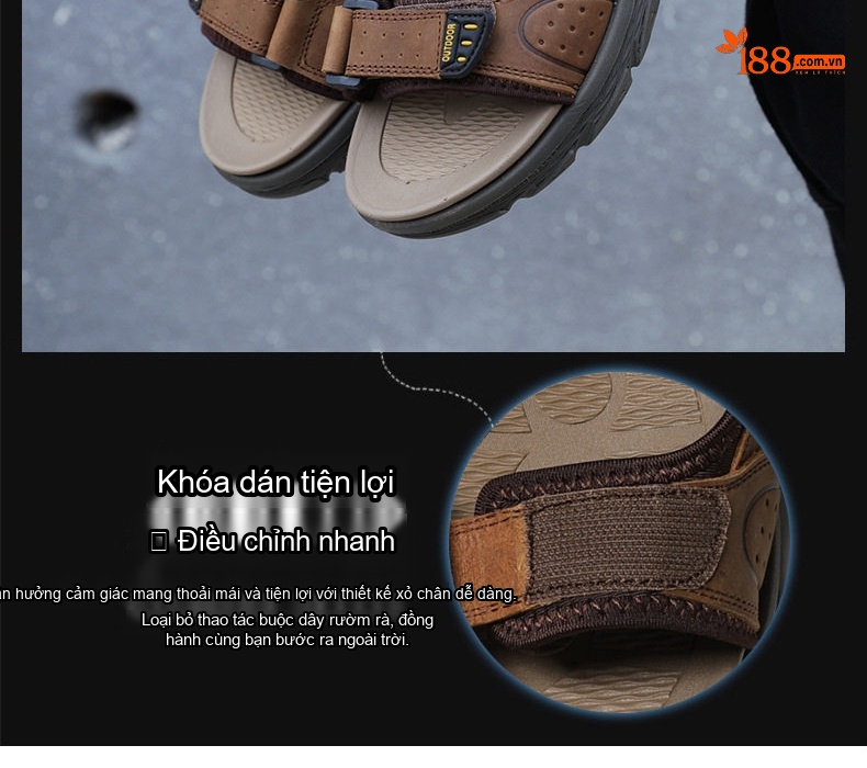 Sandal Nam Da Bò Hở Ngón Thoáng Khí Chiều Cao Đế Khoảng 3cm Màu Nâu, Đen chi tiết 4