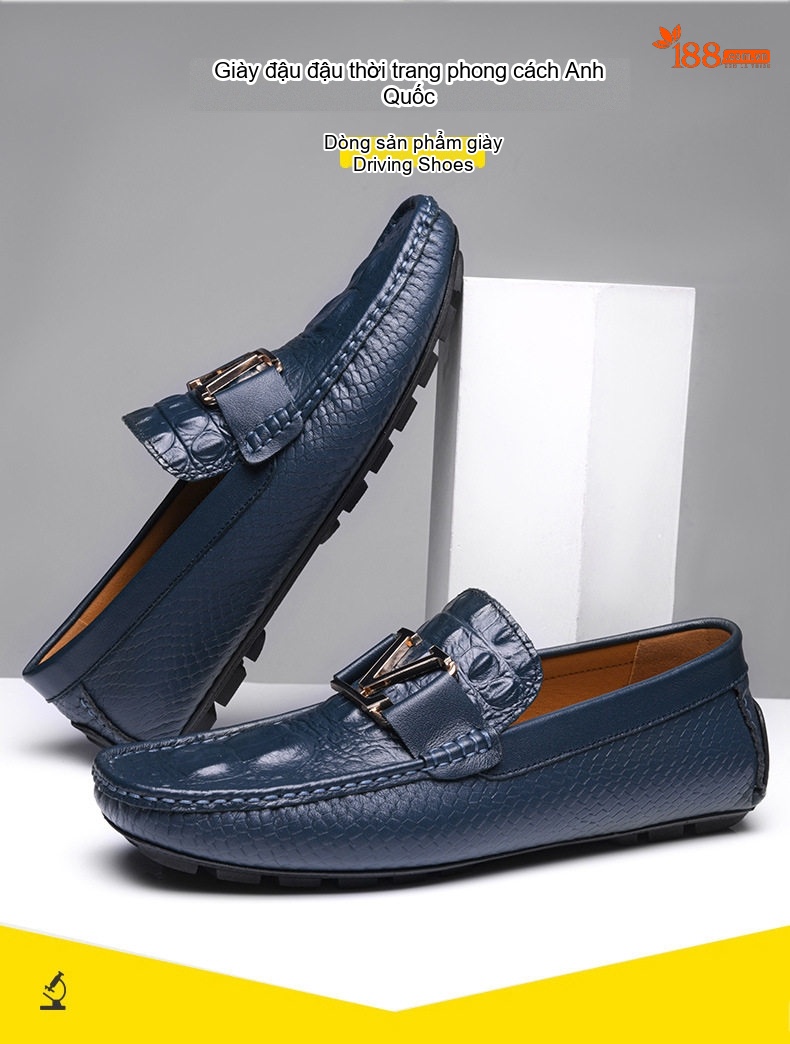 Giày Lười Nam Da Bò Vân Cá Sấu Chiều Cao Đế Khoảng 2cm Màu Đen, Xanh Navy chi tiết 2