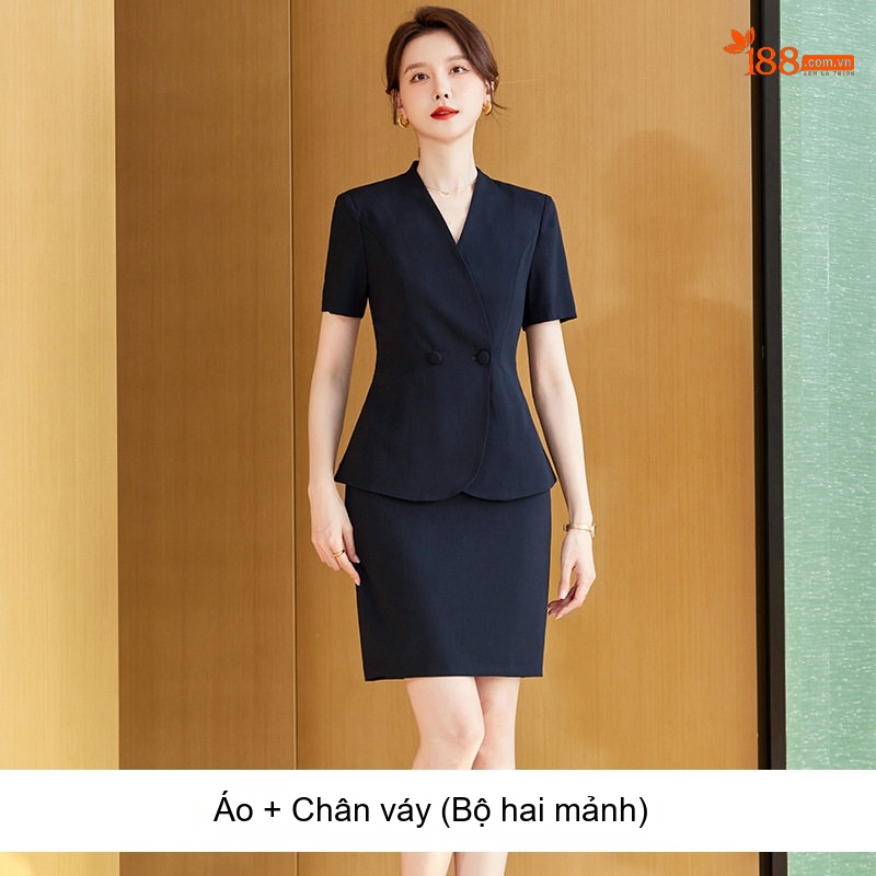 Bộ Vest Công Sở Nữ Tay Ngắn Cổ chữ V Màu Xanh Lam, Đen
