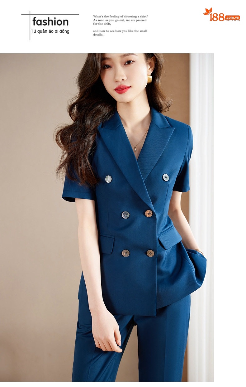 Bộ Vest Công Sở Nữ Tay Ngắn Mỏng Nhẹ Màu Xám, Xanh Than chi tiết 20