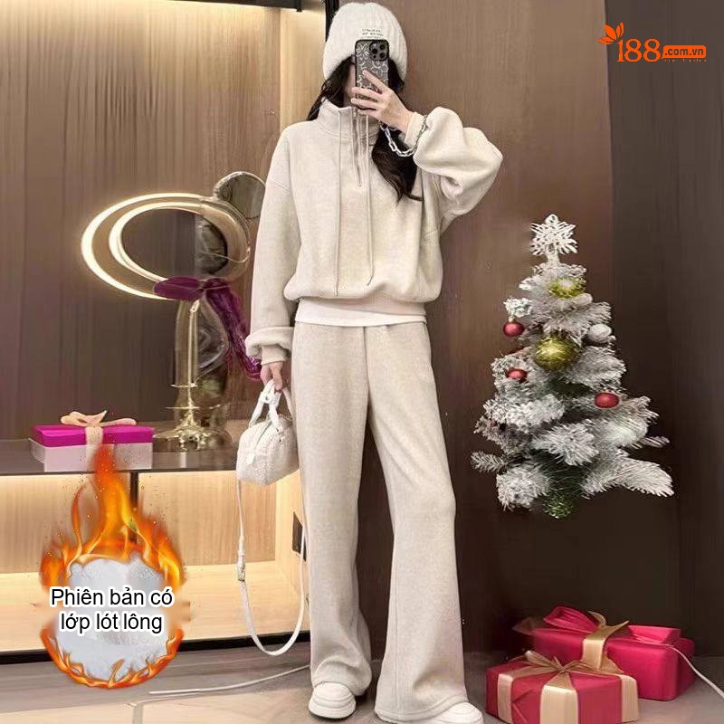 Bộ Đồ Nữ Áo Khoác Quần Dài Lót Lông Dáng Rộng Phong Cách Ulzzang Màu Kem, Hồng