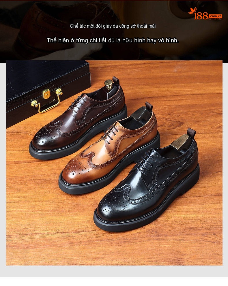 Giày Tây Buộc Dây Nam Da Bò Dáng Oxford Chiều Cao Đế Khoảng 3cm Màu Đen, Nâu chi tiết 3