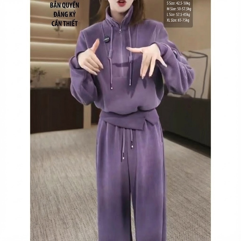 Bộ Đồ Nữ Áo Hoodie Dài Tay Khóa Kéo Lửng Quần Dài Ống Rộng Lót Lông Màu Tím