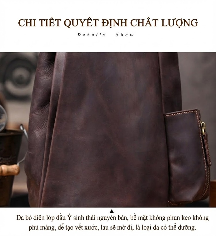 Túi Đeo Chéo Ngực Nam Da Bò Thiết Kế Vintage, Biker, Da Thật Màu Nâu chi tiết 17