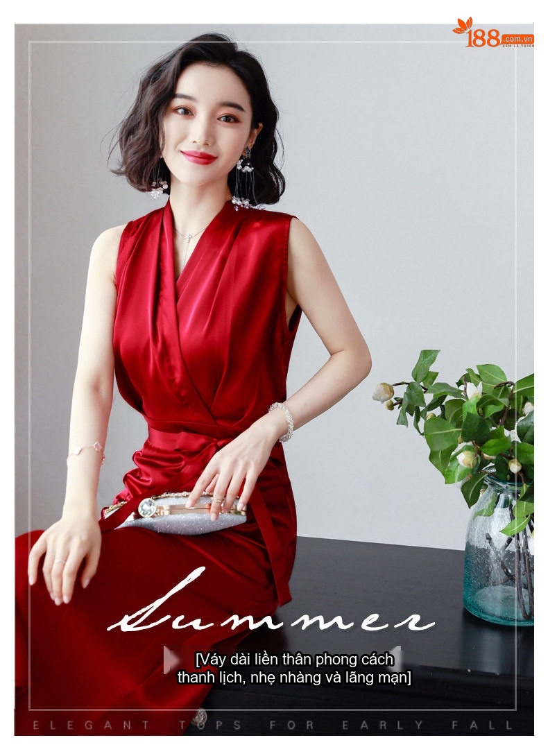 Váy liền thân Nữ Không Tay Cổ chữ V Phong Cách Pháp A Kèm Đai Chất Vải Axetat Cao Cấp Màu Đỏ, Đen chi tiết 2