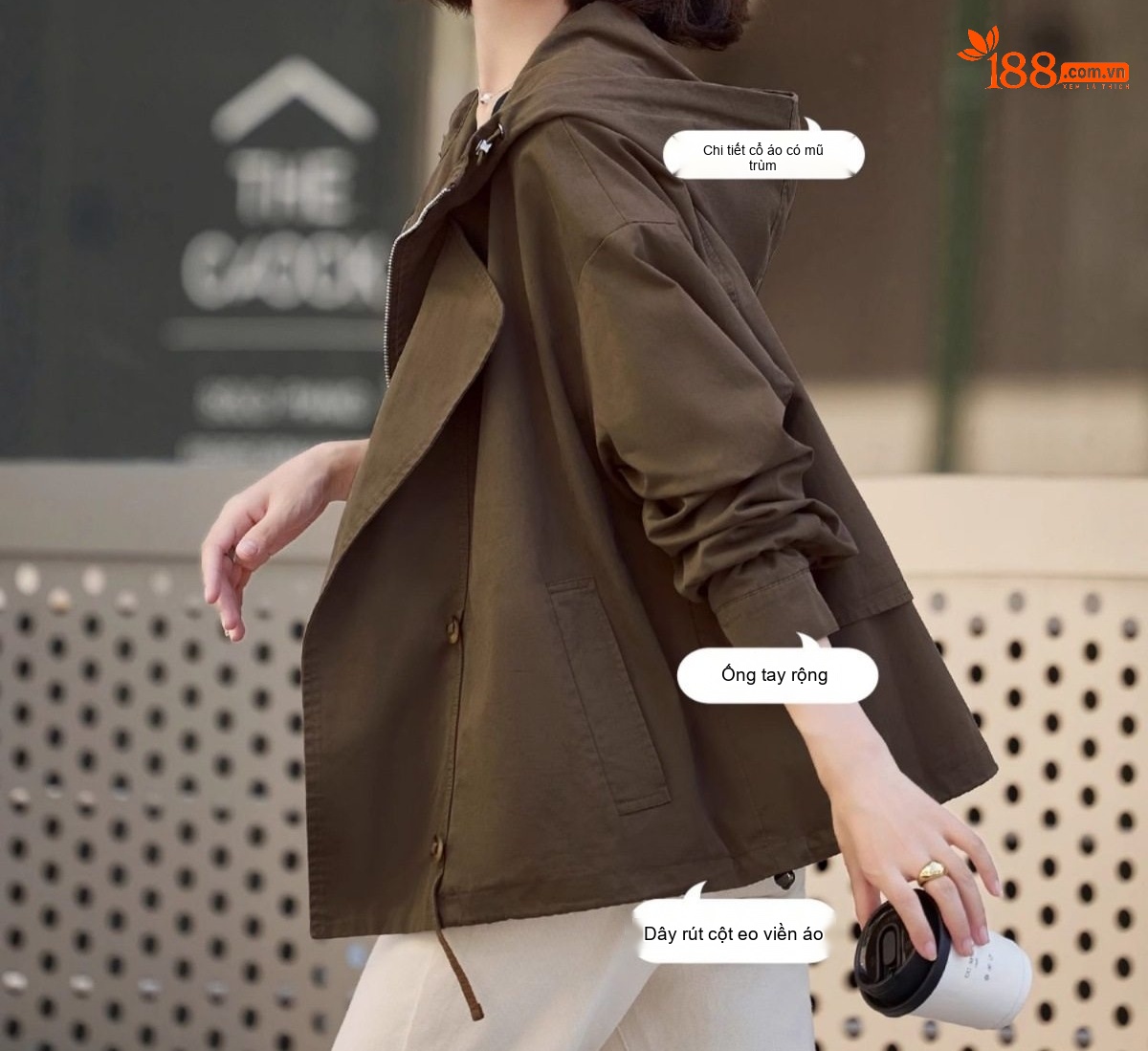 Áo Khoác Gió Nữ Dáng Ngắn Mũ Trùm Đầu Phong Cách Thời Trang Trẻ Trung Màu Xanh Olive chi tiết 14