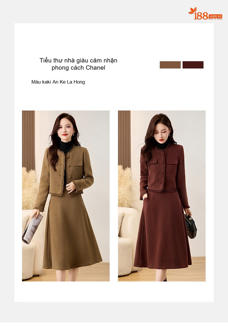 Set Áo Khoác Lửng Tay Dài Cổ Tròn và Chân Váy Midi A Line Trám Bông Dày Dặn Màu Nâu, Đỏ chi tiết 3