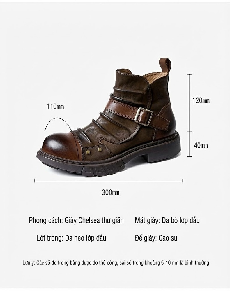 Boot Cơ Bắp Nam Da Thật Phong Cách Punk Chiều Cao Đế Khoảng 4cm Màu Đen, Nâu chi tiết 3