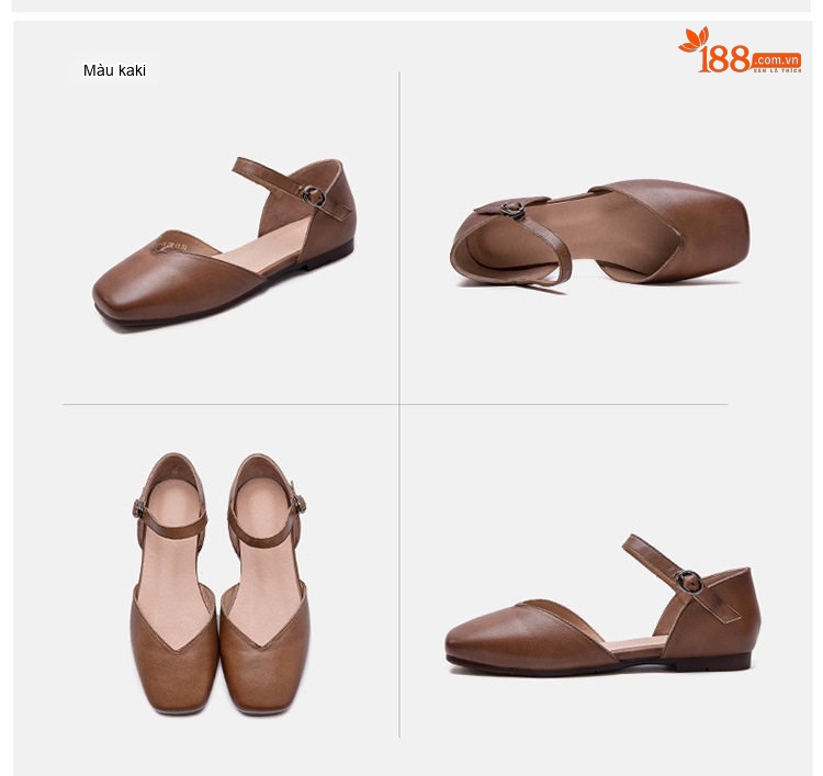 Dép Sandal Nữ Bít Mũi Da Bò Quai Ngang Khóa Cài Đế Cao 3cm - 4cm Màu Kem, Nâu chi tiết 17
