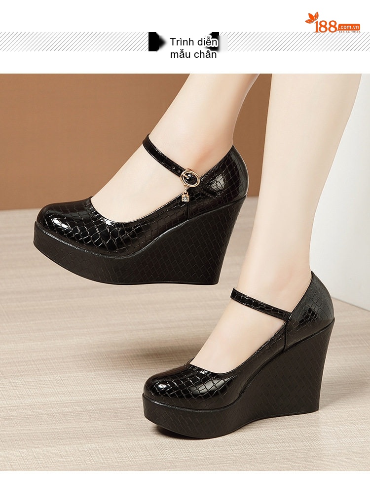 Giày Cao Gót Đế Xuồng Quai Ngang Da Bóng Chiều Cao Đế Khoảng 8cm Màu Đen, Trắng chi tiết 9