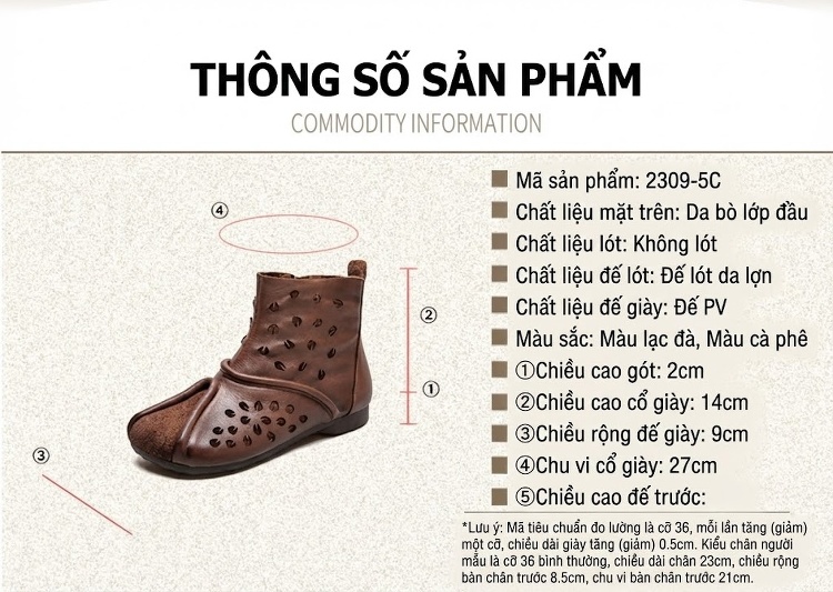 Boot Nữ Da Bò Cao Cổ Khoét Lỗ Thoáng Khí Chiều Cao Đế Khoảng 2cm Màu Nâu, Vàng chi tiết 2