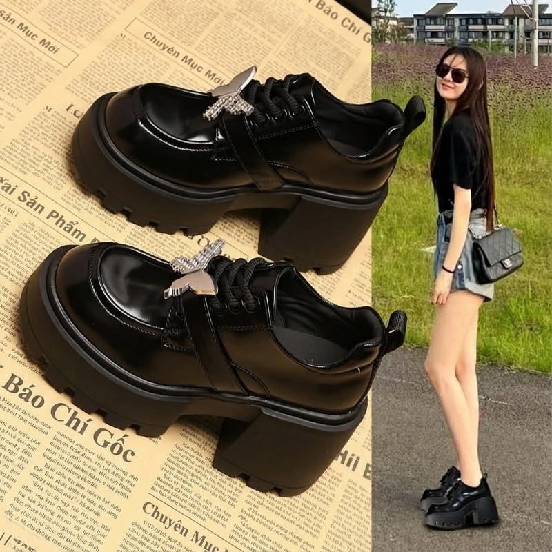 Giày Loafer Nữ Da Bóng Đế Cao Gót 8cm Màu Đen, Nâu